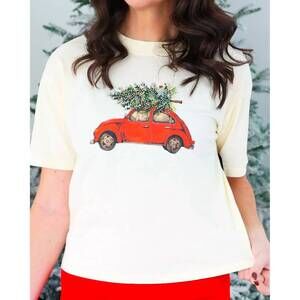 NEW ALL US holiday car with tree tee in red